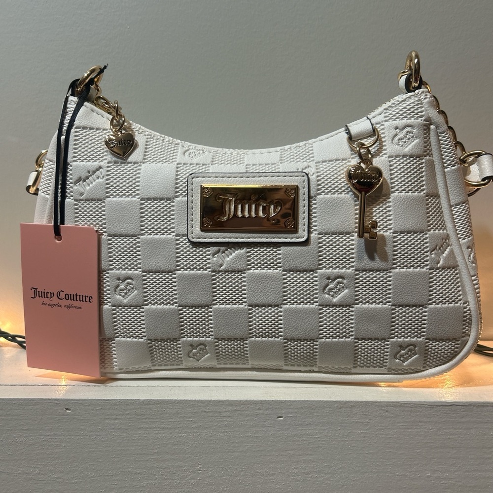 Juicy Couture White Checker Embossed Shoulder Bag with Gold Charms